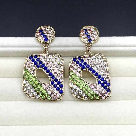 Yellow Gold with Multicolor Crystal Geometric Retro Drop Post Back Earrings - Picture 5 of 8